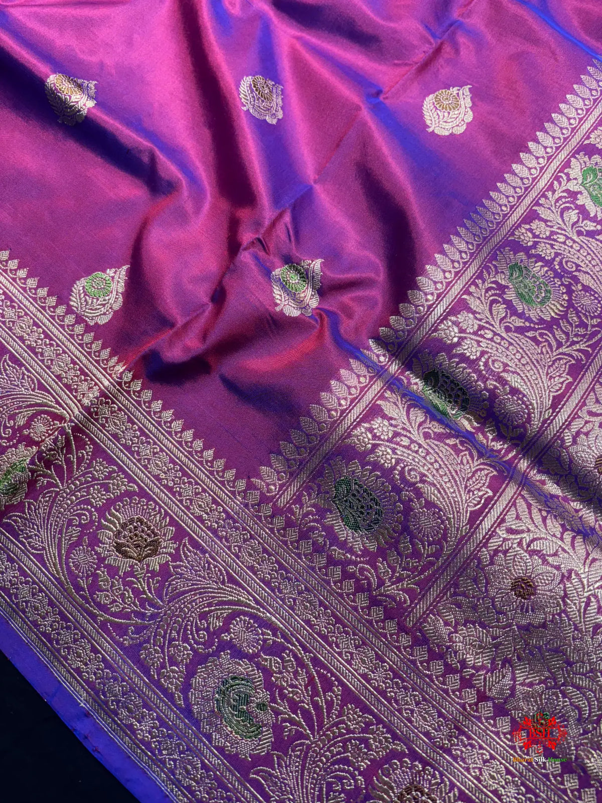 Pure Banarasi  Handloom Katan Silk Antique Meena Zari Saree In Cross Shades Of Pink/Blue - Pure Kataan Silk -