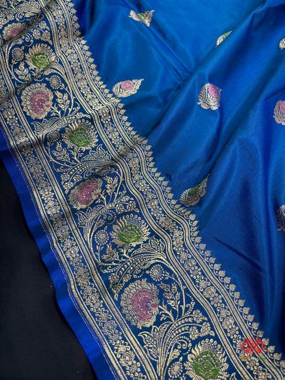 Pure Banarasi  Handloom Katan Silk Antique Meena Zari Saree In Shades Of Blue - Pure Kataan Silk - 