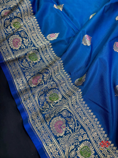Pure Banarasi  Handloom Katan Silk Antique Meena Zari Saree In Shades Of Blue - Pure Kataan Silk -