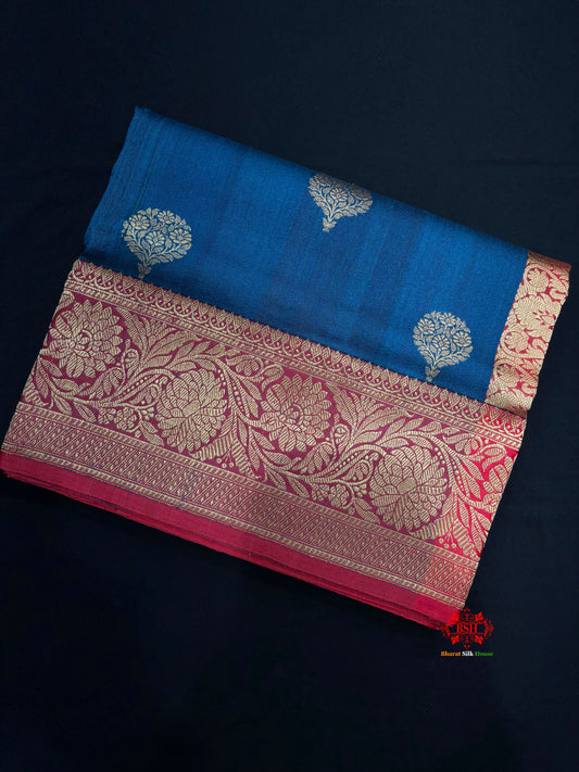 Blue Shade Pure Banarasi Tusser Moonga Silk Saree - Pure Kataan Silk - 