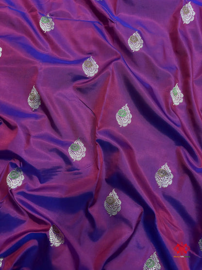 Pure Banarasi  Handloom Katan Silk Antique Meena Zari Saree In Cross Shades Of Pink/Blue - Pure Kataan Silk -
