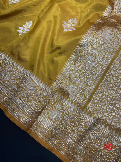 Pure Banarasi  Handloom Katan Silk Antique Zari Saree In Shades Of Mustard - Pure Kataan Silk -