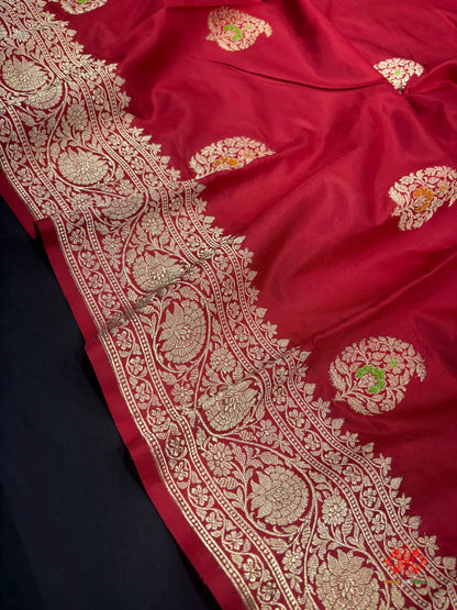 Pure Banarasi  Handloom Katan Silk Antique Zari Meenakari Saree In Shades Of Red - Pure Kataan Silk -