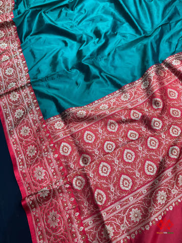 Pure Banarasi Handloom Katan Silk Reshami Zari Saree In Shades Of Cadmium Green With Red Border - Pure Kataan Silk -