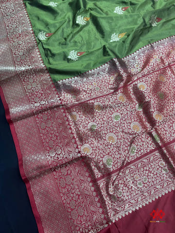Pure Banarasi  Handloom Katan Silk Antique Zari Meenakari Saree In Shades Of Green - Pure Kataan Silk -