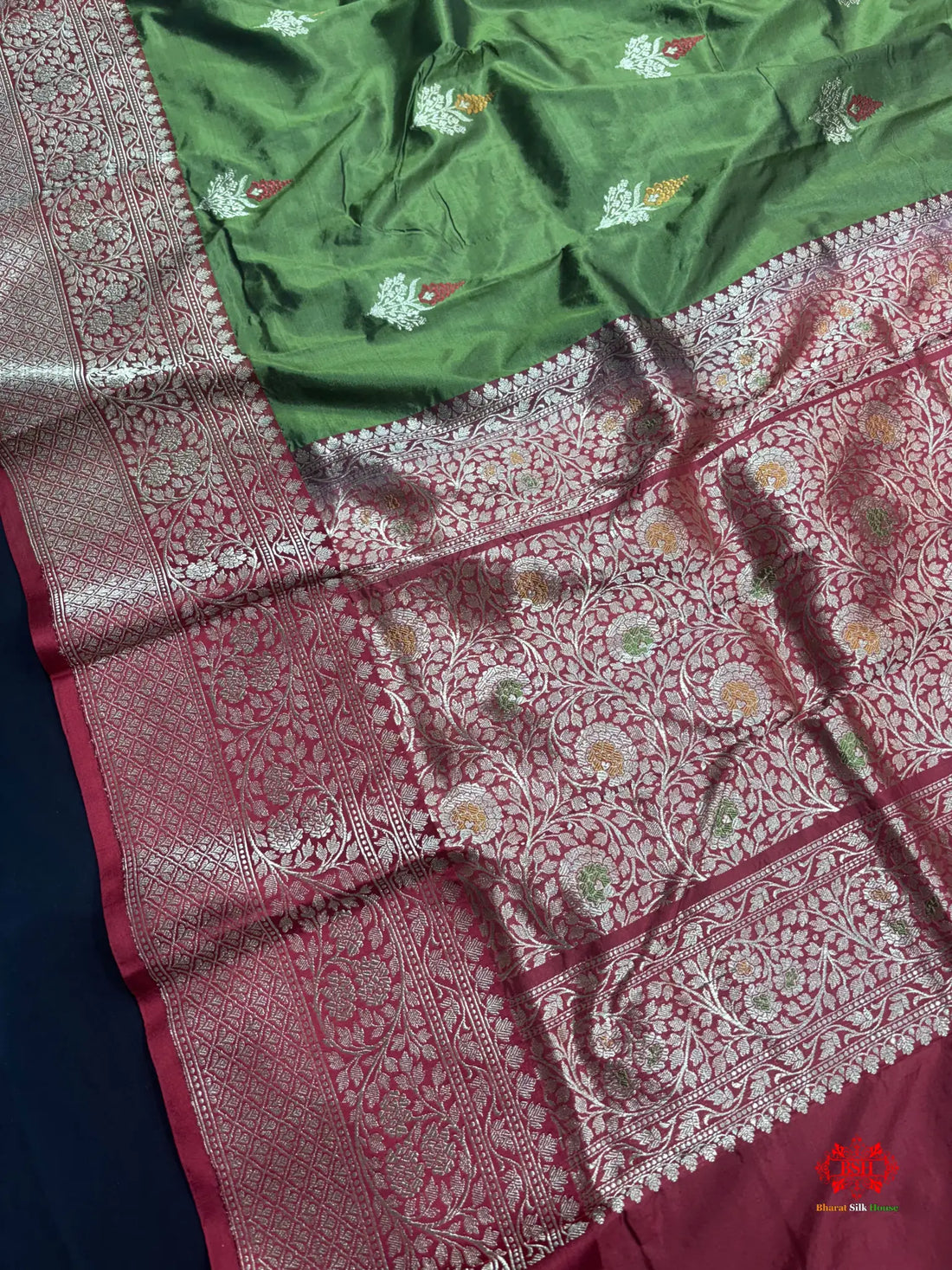 Pure Banarasi  Handloom Katan Silk Antique Zari Meenakari Saree In Shades Of Green - Pure Kataan Silk -