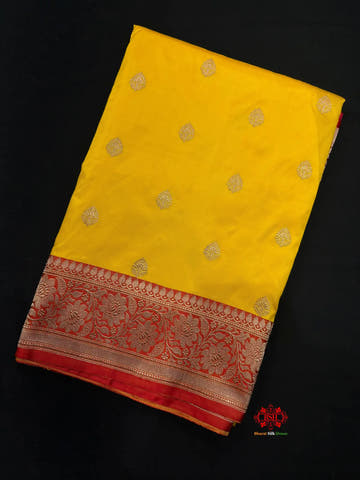 Pure Banarasi  Handloom Katan Silk Antique Zari Saree In Shades Of Yellow - Pure Kataan Silk -