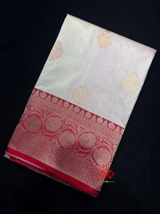 Pure Banarasi  Handloom Katan Silk  Antique Zari Saree In Shades Of White - Pure Kataan Silk - 
