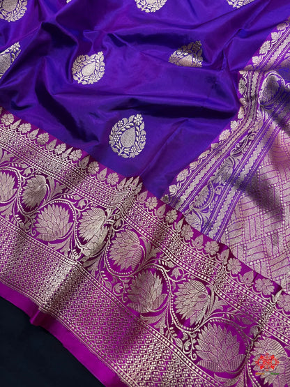 Pure Banarasi  Handloom Katan Silk  Antique Zari Saree In Shades Of Indigo Blue - Pure Kataan Silk -