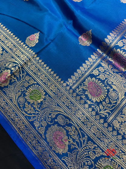 Pure Banarasi  Handloom Katan Silk Antique Meena Zari Saree In Shades Of Blue - Pure Kataan Silk -