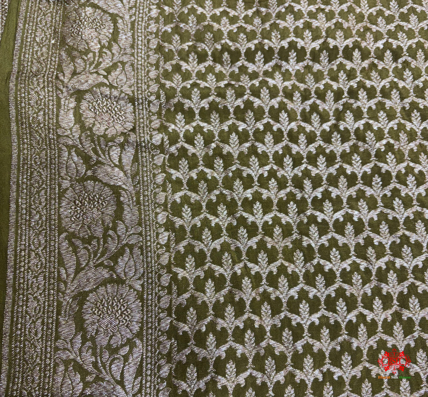 Pure Silk Crape Khaddi Georgette Saree With Antique Zari In Shades Of Green - Crepe Khaddi - 