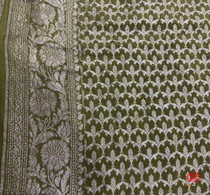 Pure Silk Crape Khaddi Georgette Saree With Antique Zari In Shades Of Green - Crepe Khaddi - 