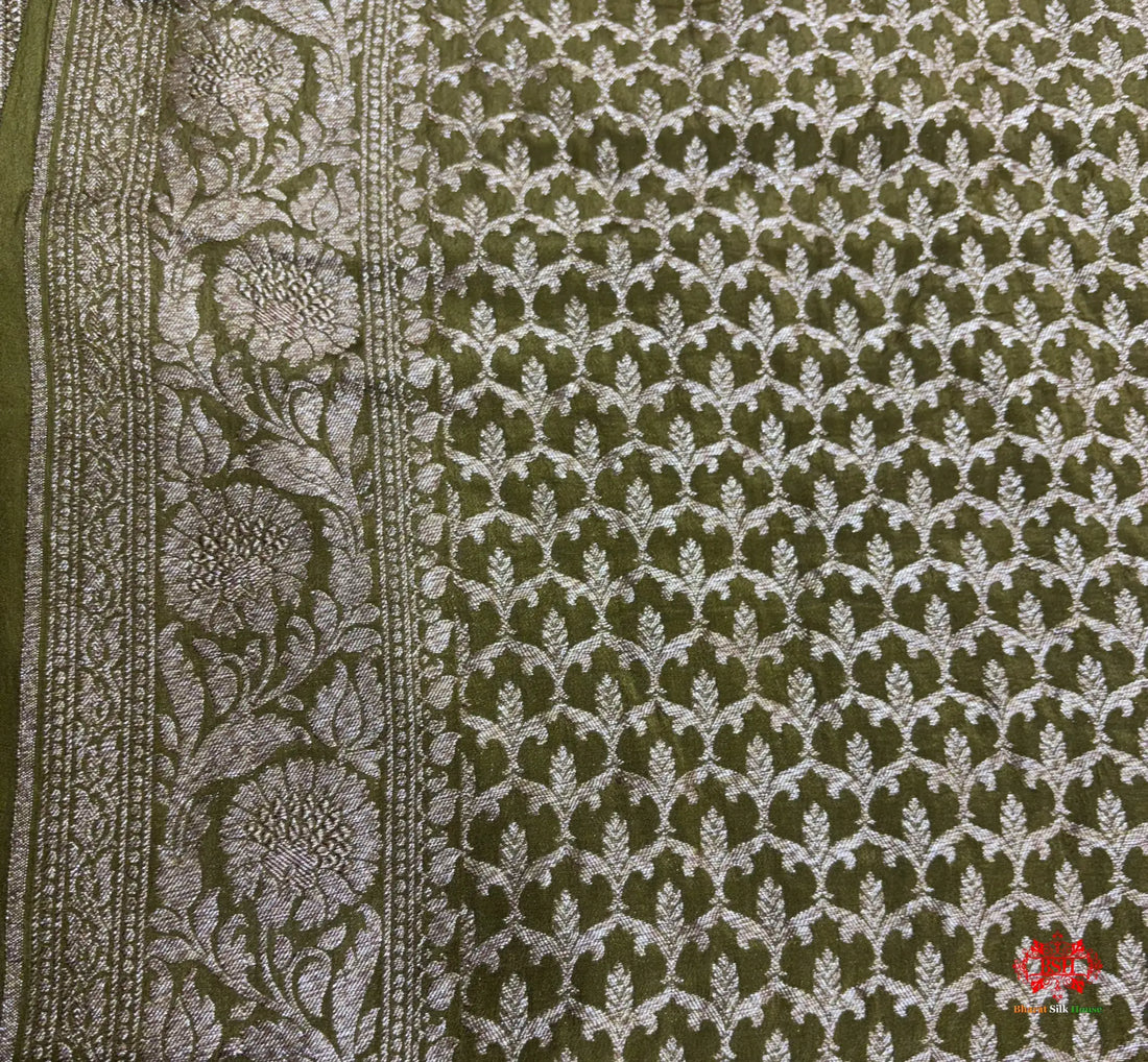 Pure Silk Crape Khaddi Georgette Saree With Antique Zari In Shades Of Green - Crepe Khaddi -