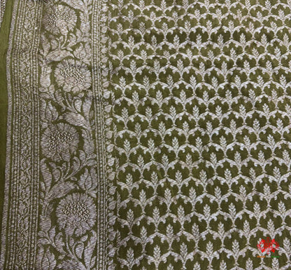 Pure Silk Crape Khaddi Georgette Saree With Antique Zari In Shades Of Green - Crepe Khaddi -