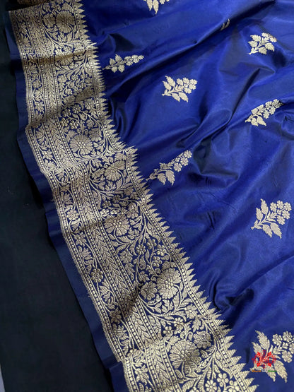 Pure Banarasi  Handloom Katan Silk Antique Zari Saree In Shades Of Blue - Pure Kataan Silk -