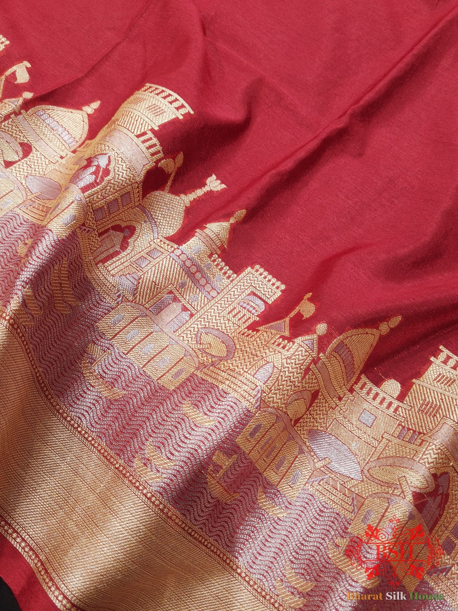 Ruby Red Banaras Ghats Weaved Silk Saree - Bharat Silk House Semi - Silk