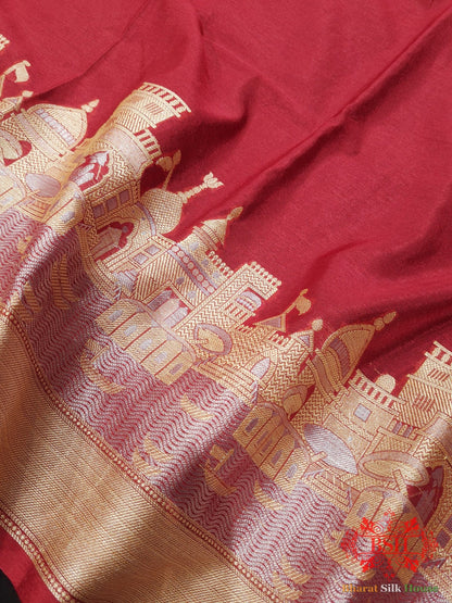 Ruby Red Banaras Ghats Weaved Silk Saree - Bharat Silk House Semi - Silk