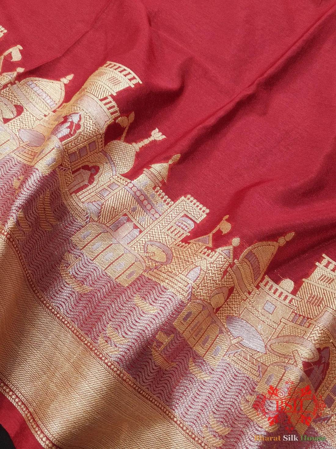 Ruby Red Banaras Ghats Weaved Silk Saree - Bharat Silk House Semi-Silk