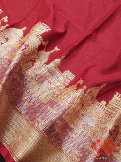 Ruby Red Banaras Ghats Weaved Silk Saree - Bharat Silk House Semi-Silk
