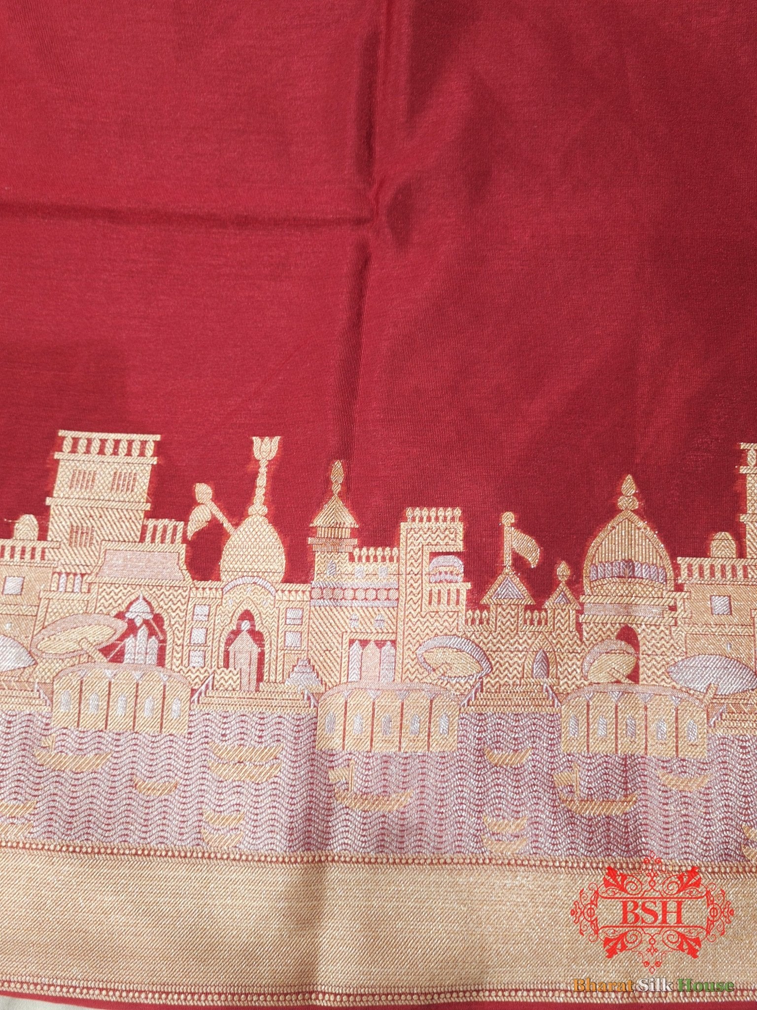 Ruby Red Banaras Ghats Weaved Silk Saree - Bharat Silk House Semi - Silk