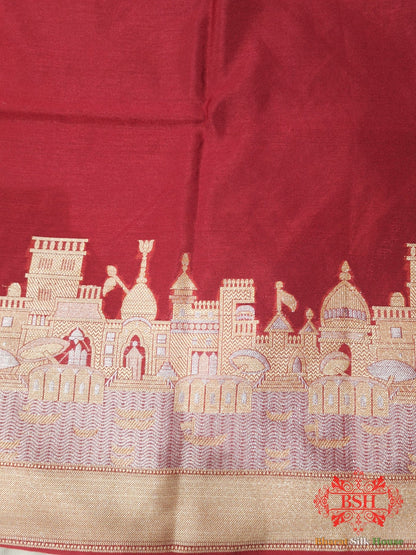 Ruby Red Banaras Ghats Weaved Silk Saree - Bharat Silk House Semi - Silk