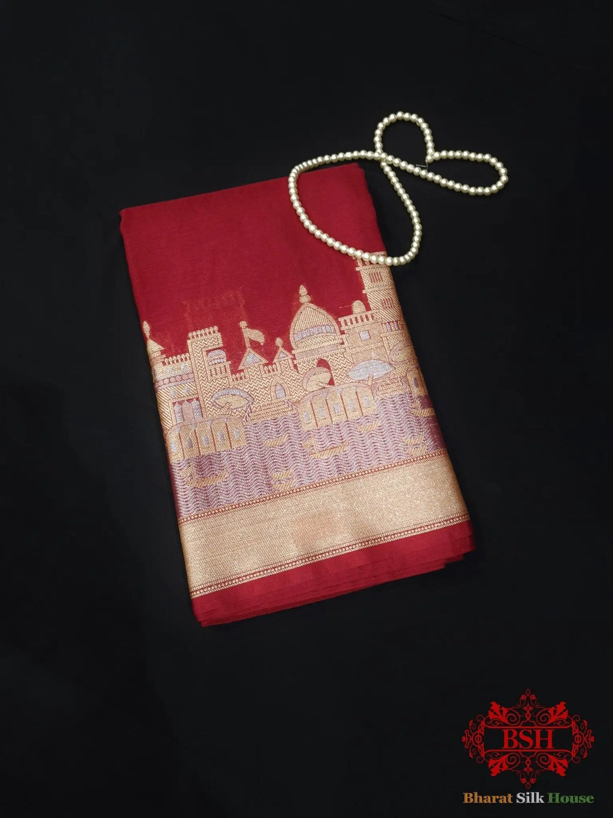Ruby Red Banaras Ghats Weaved Silk Saree - Bharat Silk House Semi-Silk