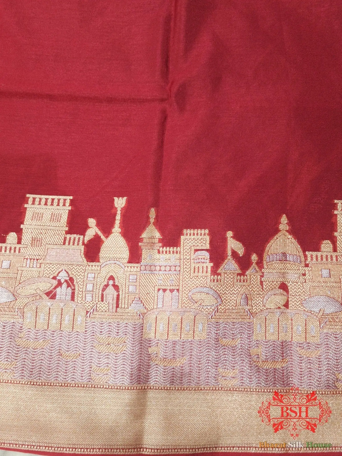 Ruby Red Banaras Ghats Weaved Silk Saree - Bharat Silk House Semi-Silk