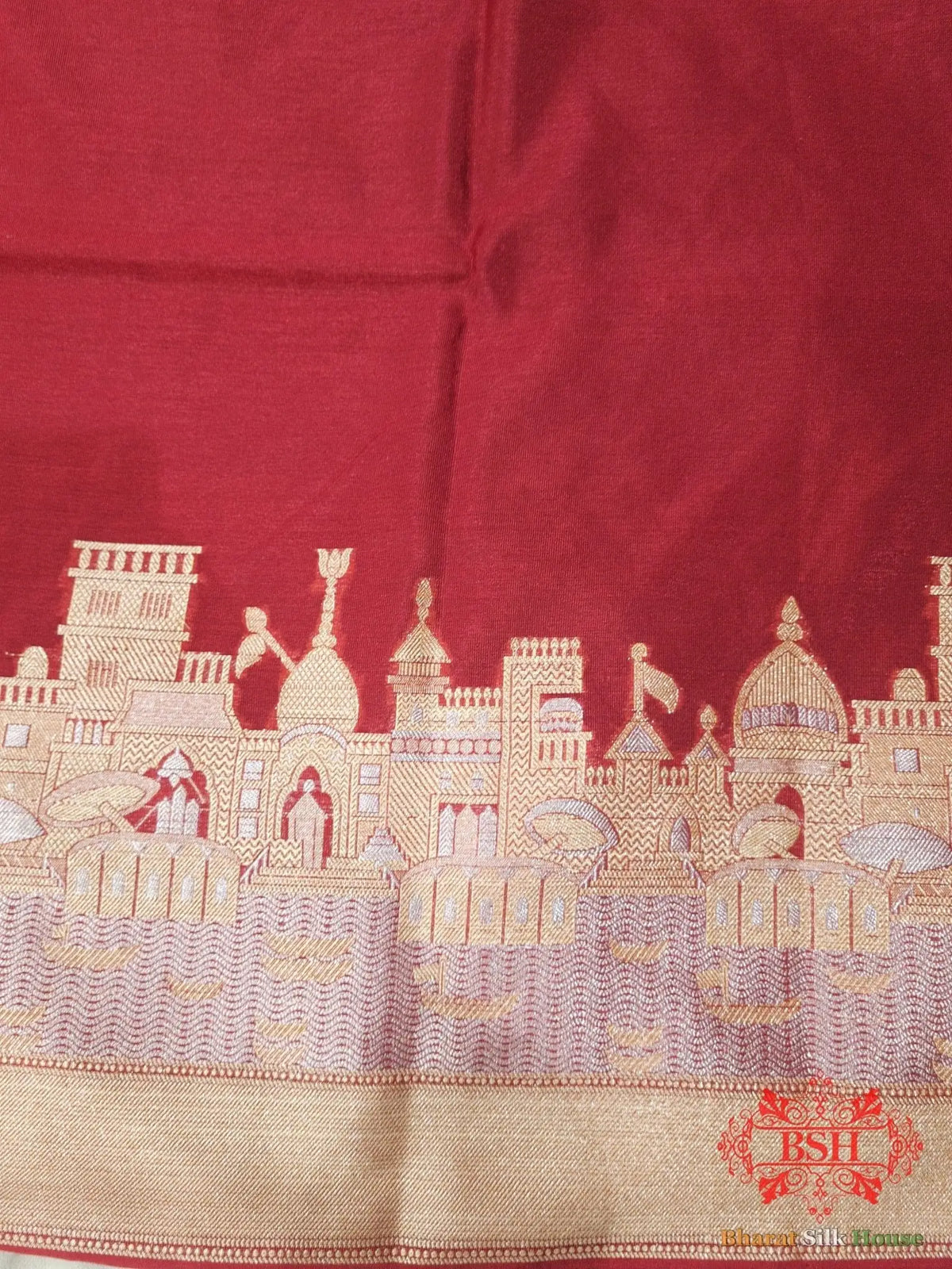 Ruby Red Banaras Ghats Weaved Silk Saree - Bharat Silk House Semi-Silk