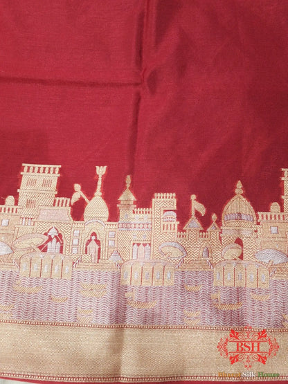 Ruby Red Banaras Ghats Weaved Silk Saree - Bharat Silk House Semi-Silk