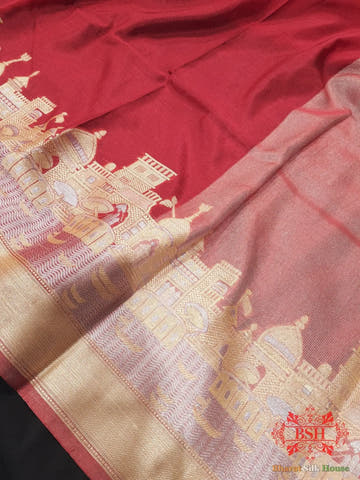 Ruby Red Banaras Ghats Weaved Silk Saree - Bharat Silk House Semi-Silk