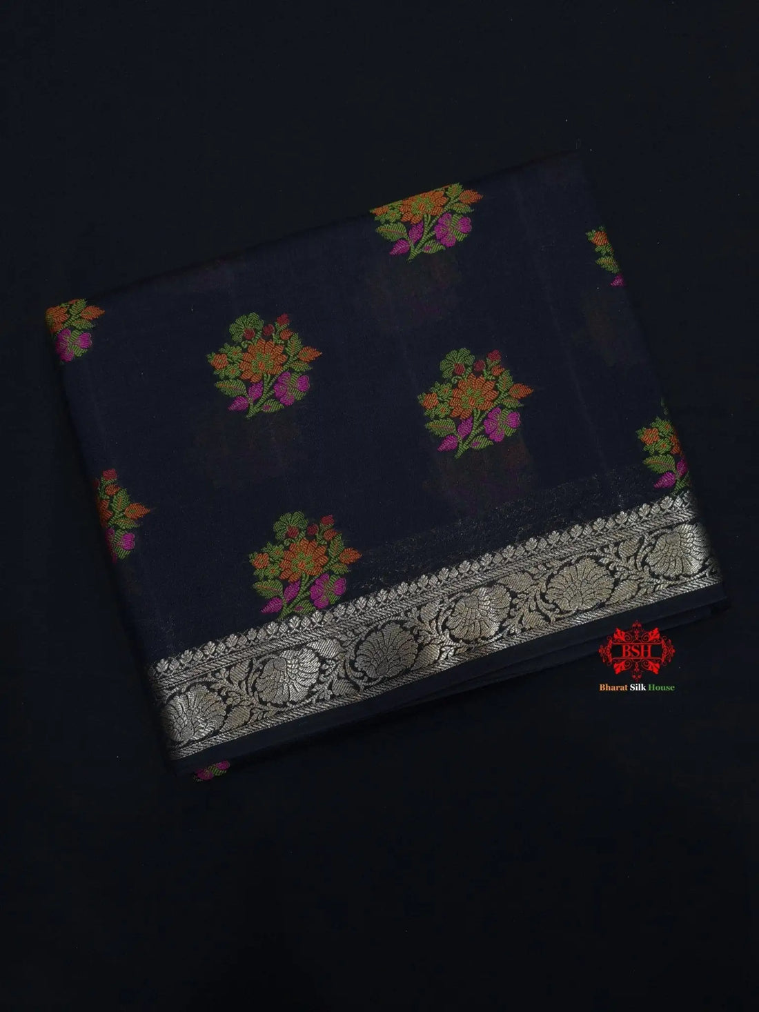 Shade Of Black Pure Chiniya Silk Saree With Meena Floral Booti - Bharat Silk House Chiniya Saree