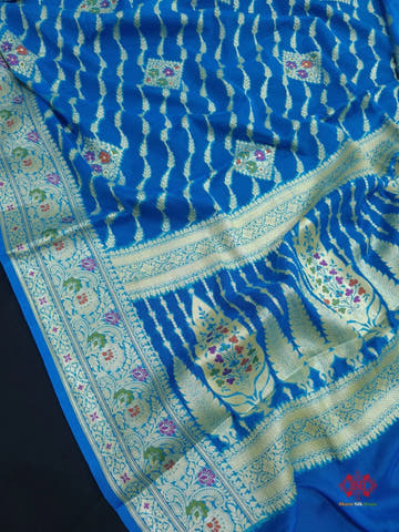 Shade Of Firozi Pure Chiffon Reshmi Meena Zari Pure Banarasi Silk Saree - Bharat Silk House Chiffon Sarees