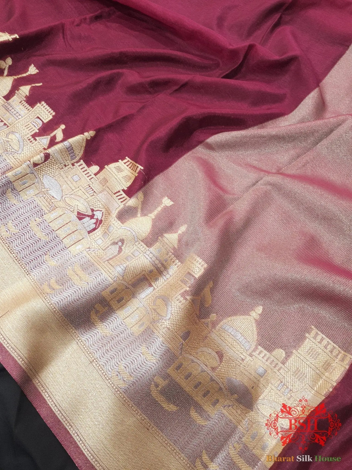 Shade Of Garnet Banaras Ghats Weaved Silk Saree - Bharat Silk House Semi-Silk
