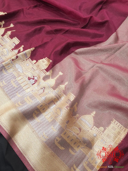 Shade Of Garnet Banaras Ghats Weaved Silk Saree - Bharat Silk House Semi-Silk