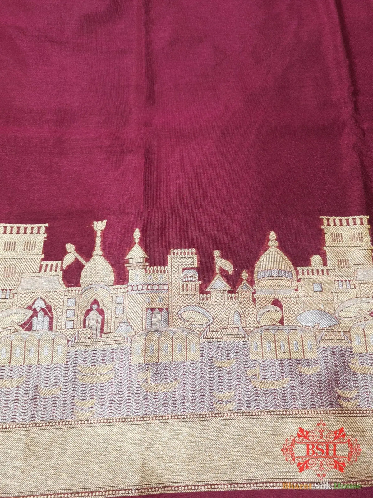 Shade Of Garnet Banaras Ghats Weaved Silk Saree - Bharat Silk House Semi-Silk