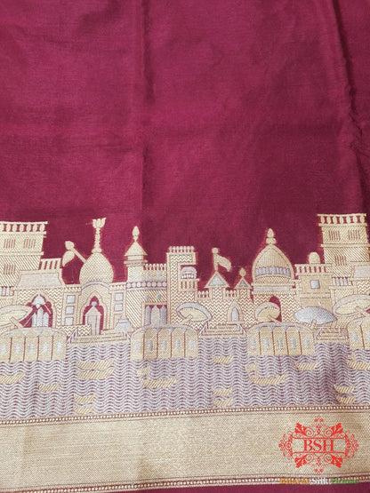 Shade Of Garnet Banaras Ghats Weaved Silk Saree - Bharat Silk House Semi-Silk