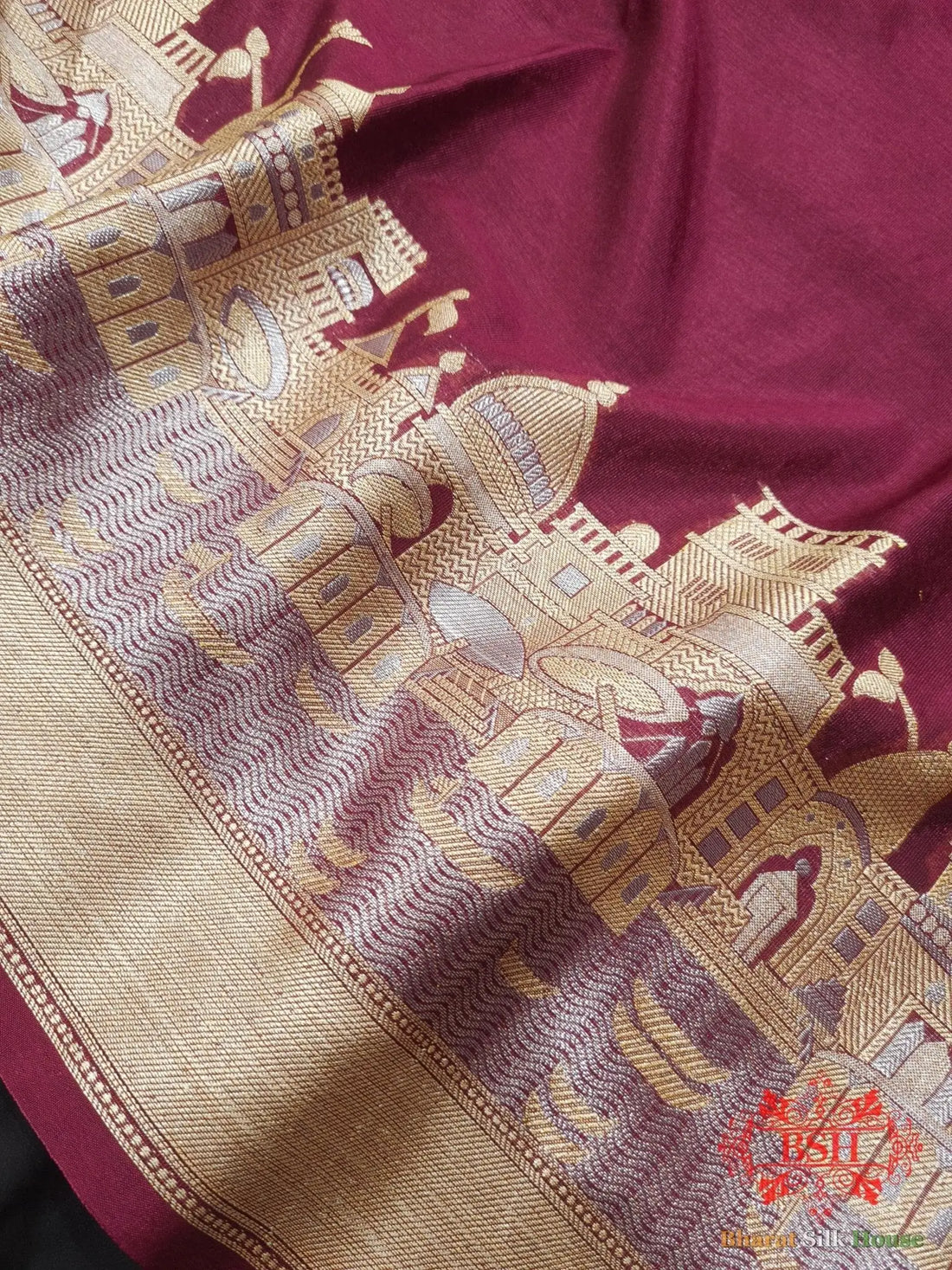 Shade Of Garnet Banaras Ghats Weaved Silk Saree - Bharat Silk House Semi-Silk