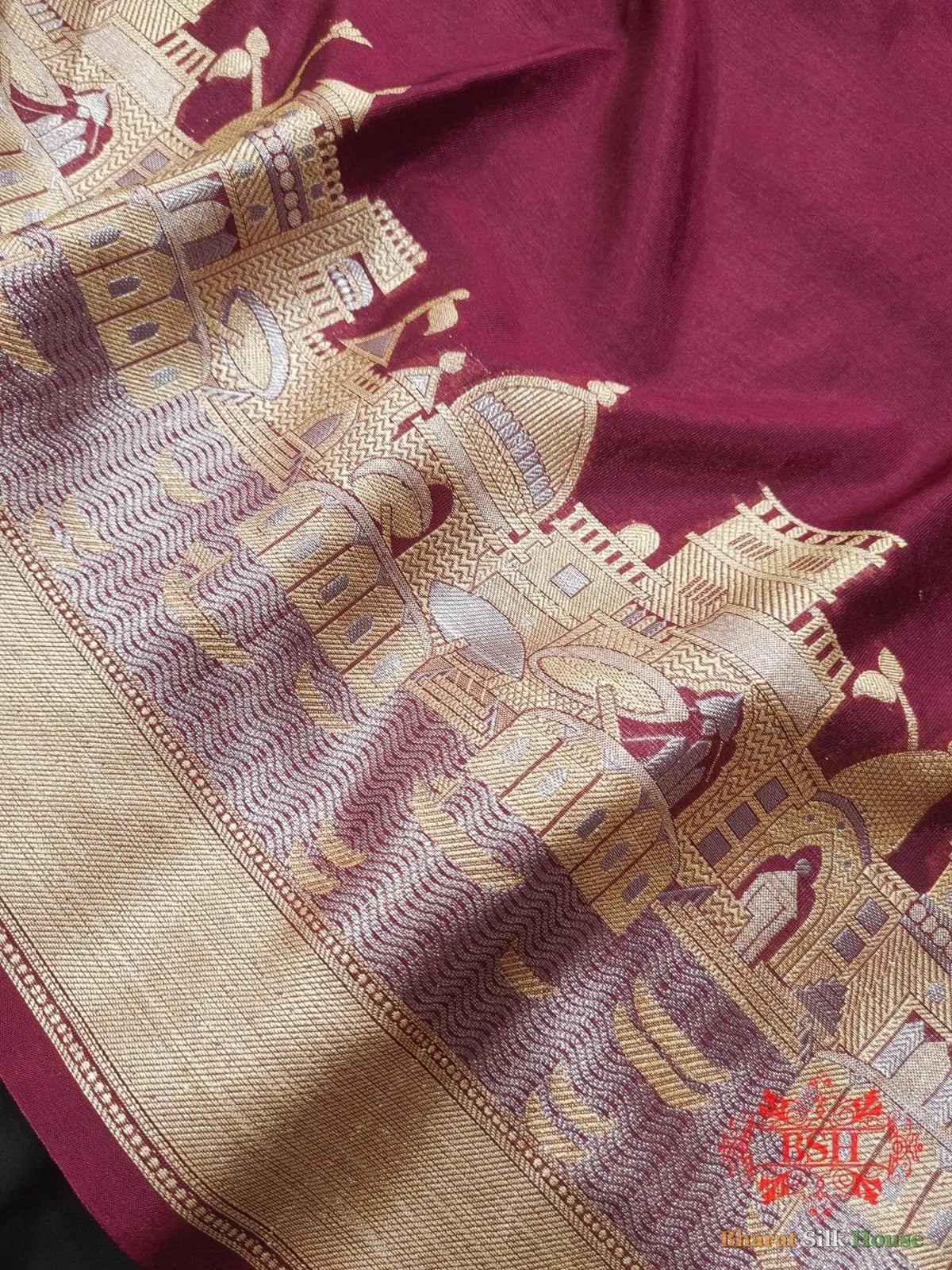 Shade Of Garnet Banaras Ghats Weaved Silk Saree - Bharat Silk House Semi-Silk