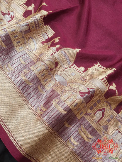 Shade Of Garnet Banaras Ghats Weaved Silk Saree - Bharat Silk House Semi-Silk