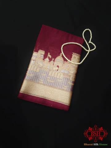 Shade Of Garnet Banaras Ghats Weaved Silk Saree - Bharat Silk House Semi-Silk