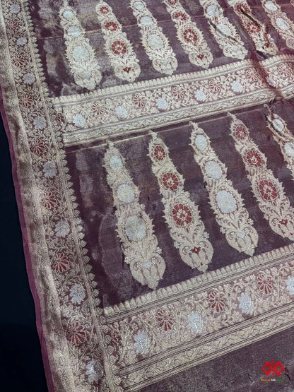 Shade Of Garnet Pure Tissue Meena Floral Jaal Silk Saree - Bharat Silk House Tissue Silk