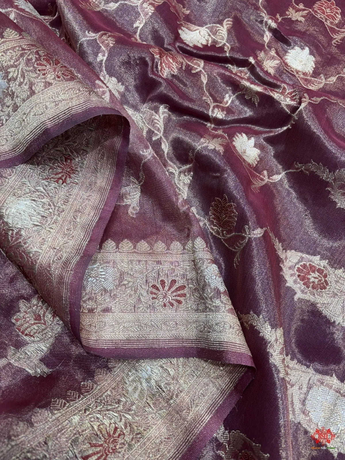 Shade Of Garnet Pure Tissue Meena Floral Jaal Silk Saree - Bharat Silk House Tissue Silk