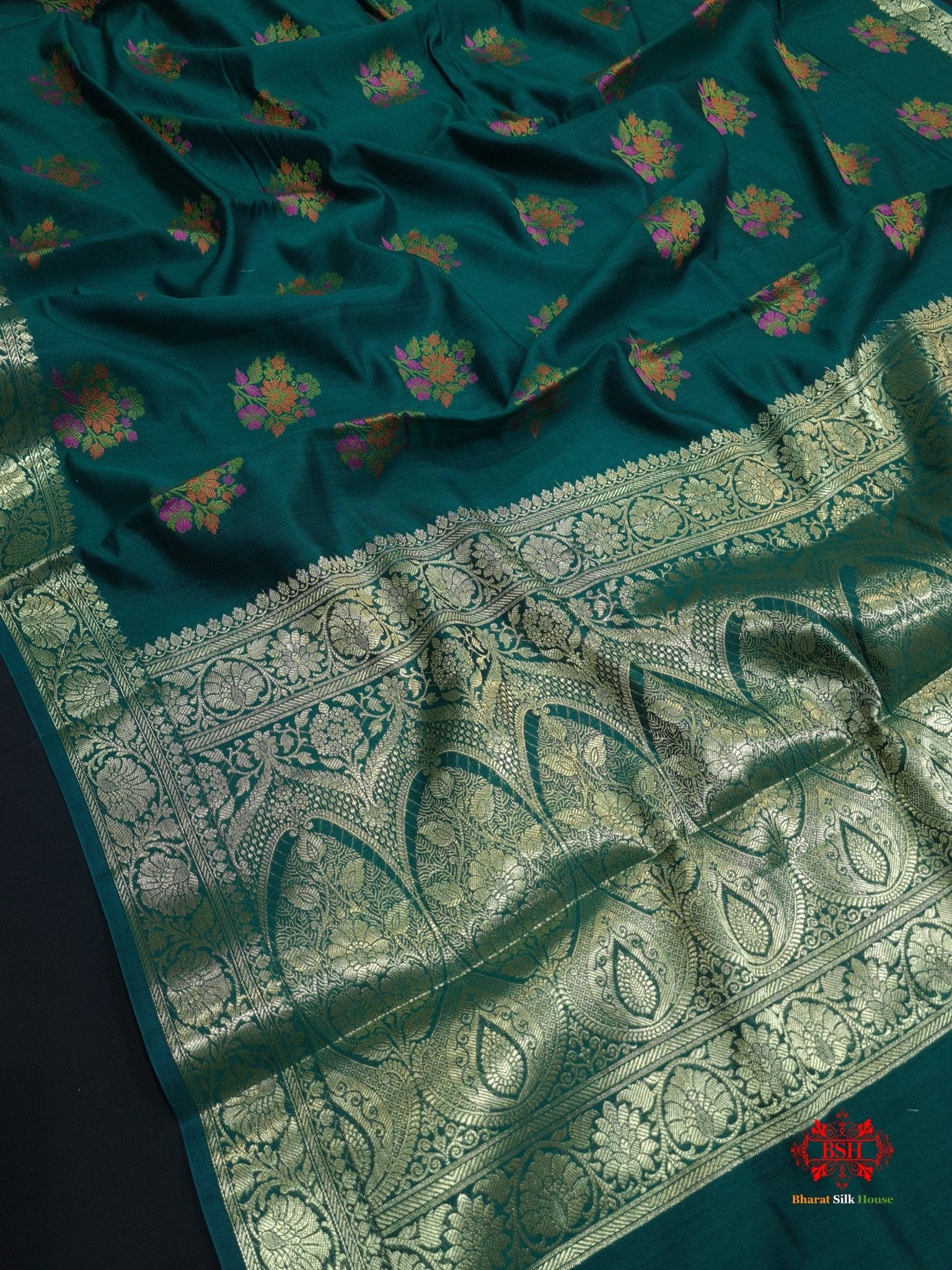 Shade Of Green Pure Chiniya Silk Saree With Meena Floral Booti - Bharat Silk House Chiniya Saree