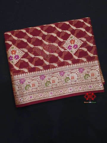 Shade Of Maroon Pure Chiffon Reshmi Meena Zari Pure Banarasi Silk Saree - Bharat Silk House Chiffon Sarees