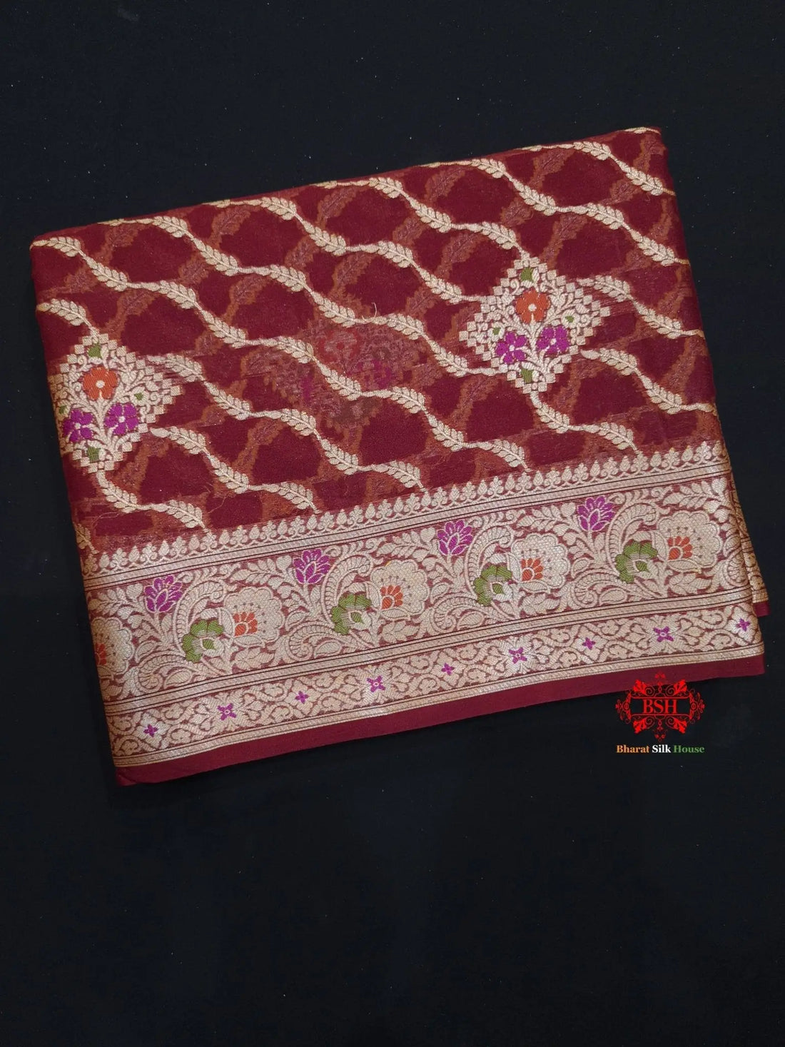Shade Of Maroon Pure Chiffon Reshmi Meena Zari Pure Banarasi Silk Saree - Bharat Silk House Chiffon Sarees