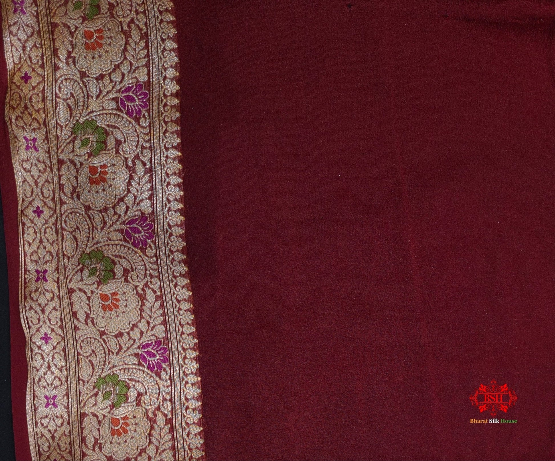 Shade Of Maroon Pure Chiffon Reshmi Meena Zari Pure Banarasi Silk Saree - Bharat Silk House Chiffon Sarees