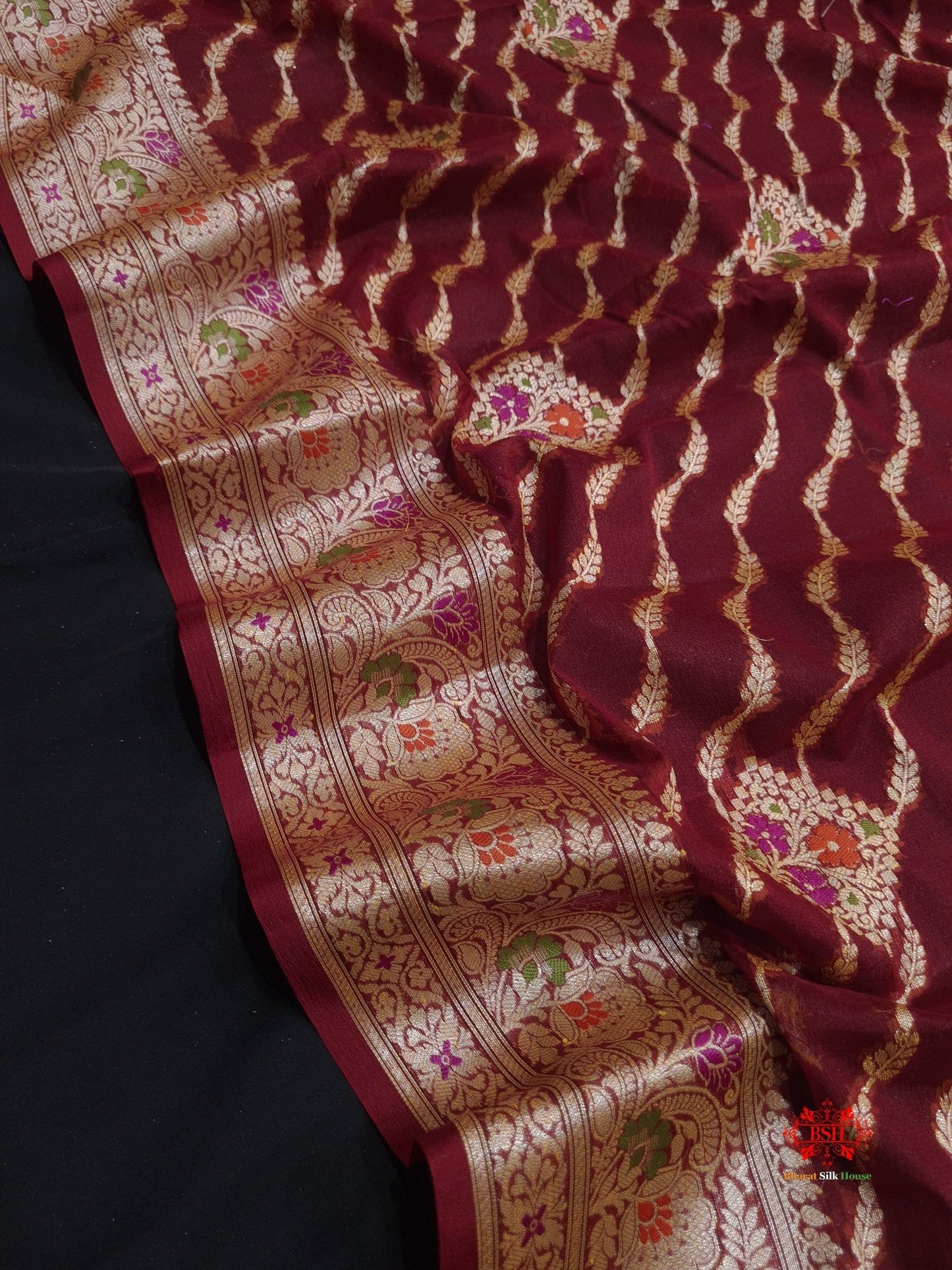 Shade Of Maroon Pure Chiffon Reshmi Meena Zari Pure Banarasi Silk Saree - Bharat Silk House Chiffon Sarees