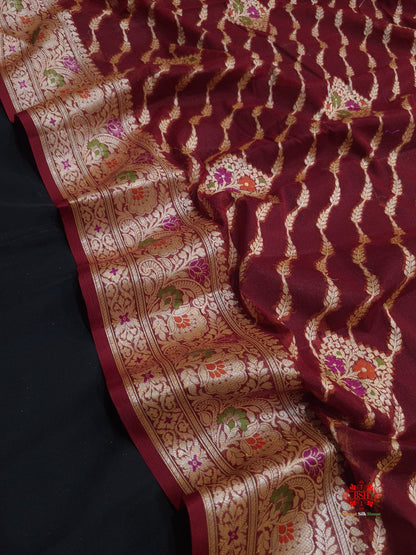 Shade Of Maroon Pure Chiffon Reshmi Meena Zari Pure Banarasi Silk Saree - Bharat Silk House Chiffon Sarees