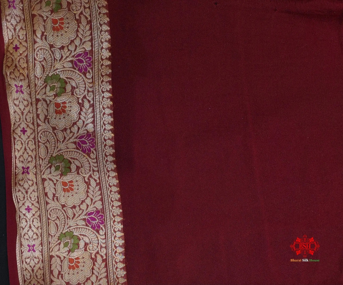 Shade Of Maroon Pure Chiffon Reshmi Meena Zari Pure Banarasi Silk Saree - Bharat Silk House Chiffon Sarees