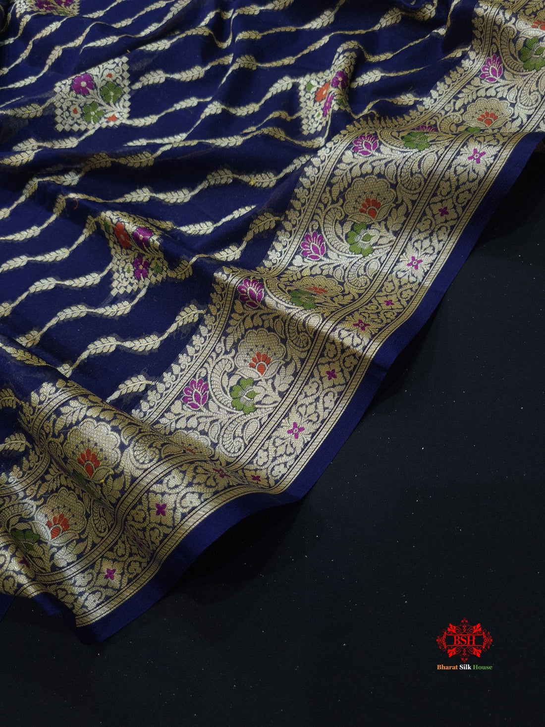 Shade Of Navy Blue Pure Chiffon Reshmi Meena Zari Pure Banarasi Silk Saree - Bharat Silk House Chiffon Sarees